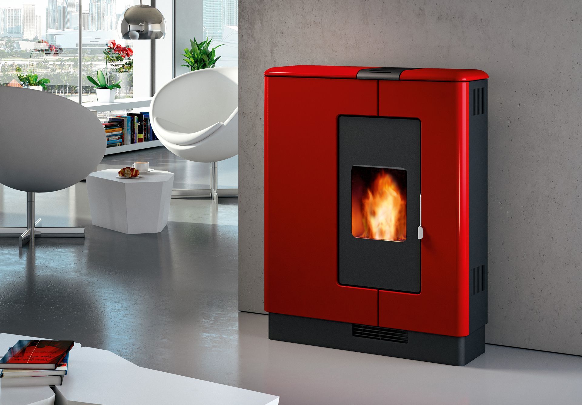 Poêle moderne rouge en fonctionnement