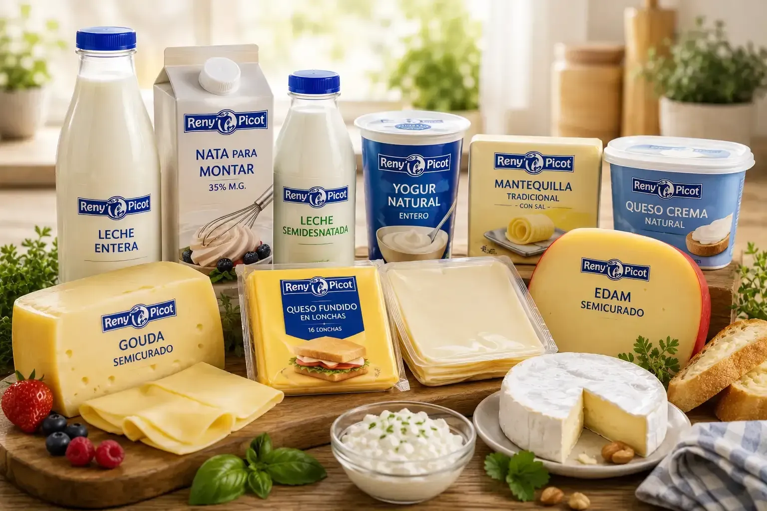Diversos productos lácteos, como leche, yogur, queso y requesón, dispuestos sobre una mesa de madera.