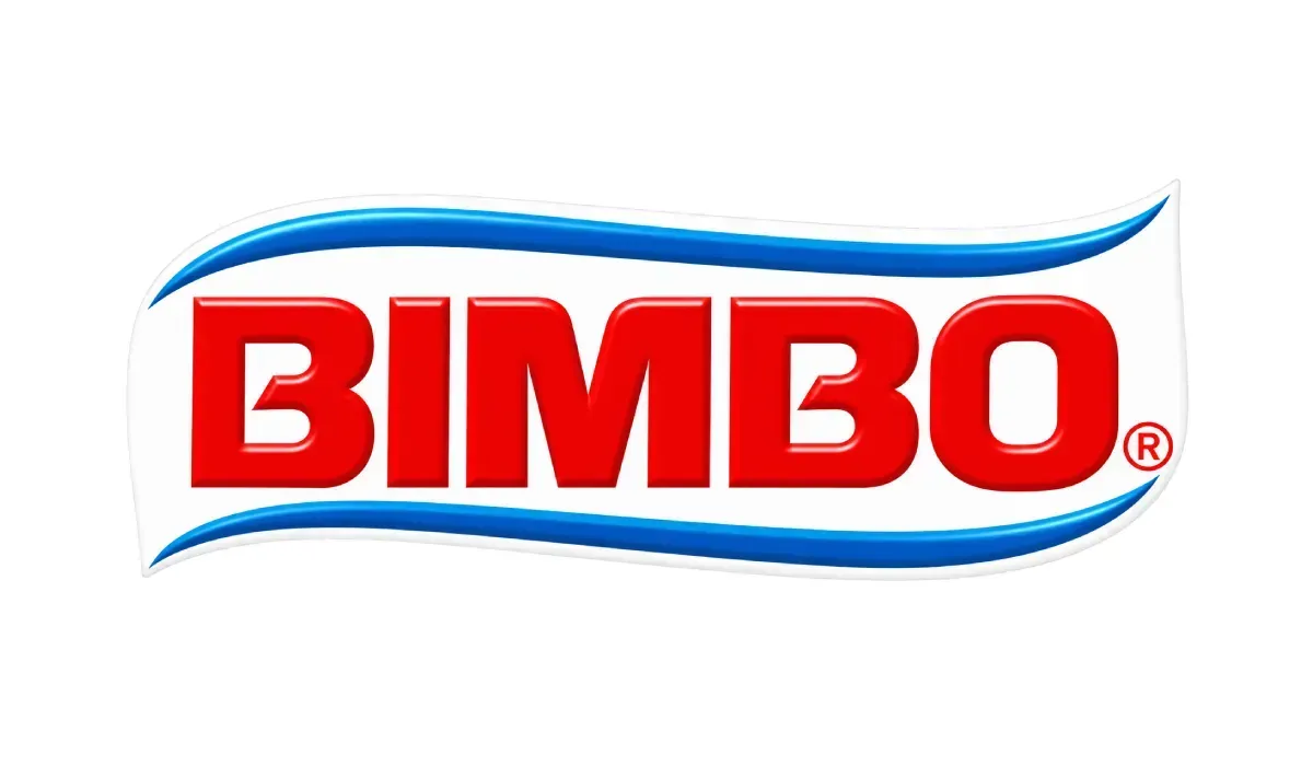 Logotipo de Bimbo en letras rojas con franjas azules arriba y abajo sobre un fondo blanco.
