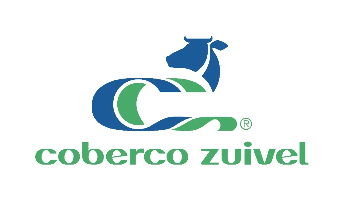 Logotipo de Coberco Zuivel con vaca azul y emblema verde y blanco sobre fondo blanco.