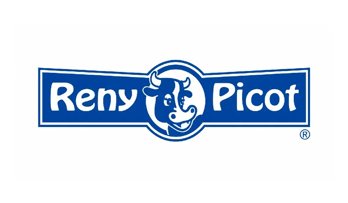 Logotipo de la lechería Reny Picot en azul y blanco con una cabeza de vaca estilizada en el centro.