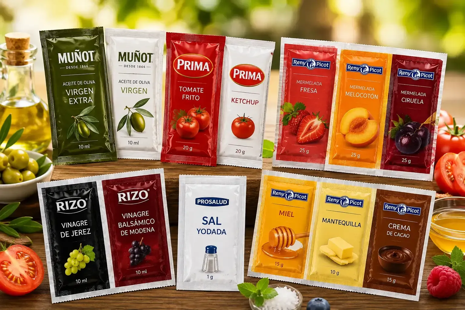 Surtido de productos de fruta y sal envasados y coloridos expuestos sobre una mesa de madera con fondo claro.