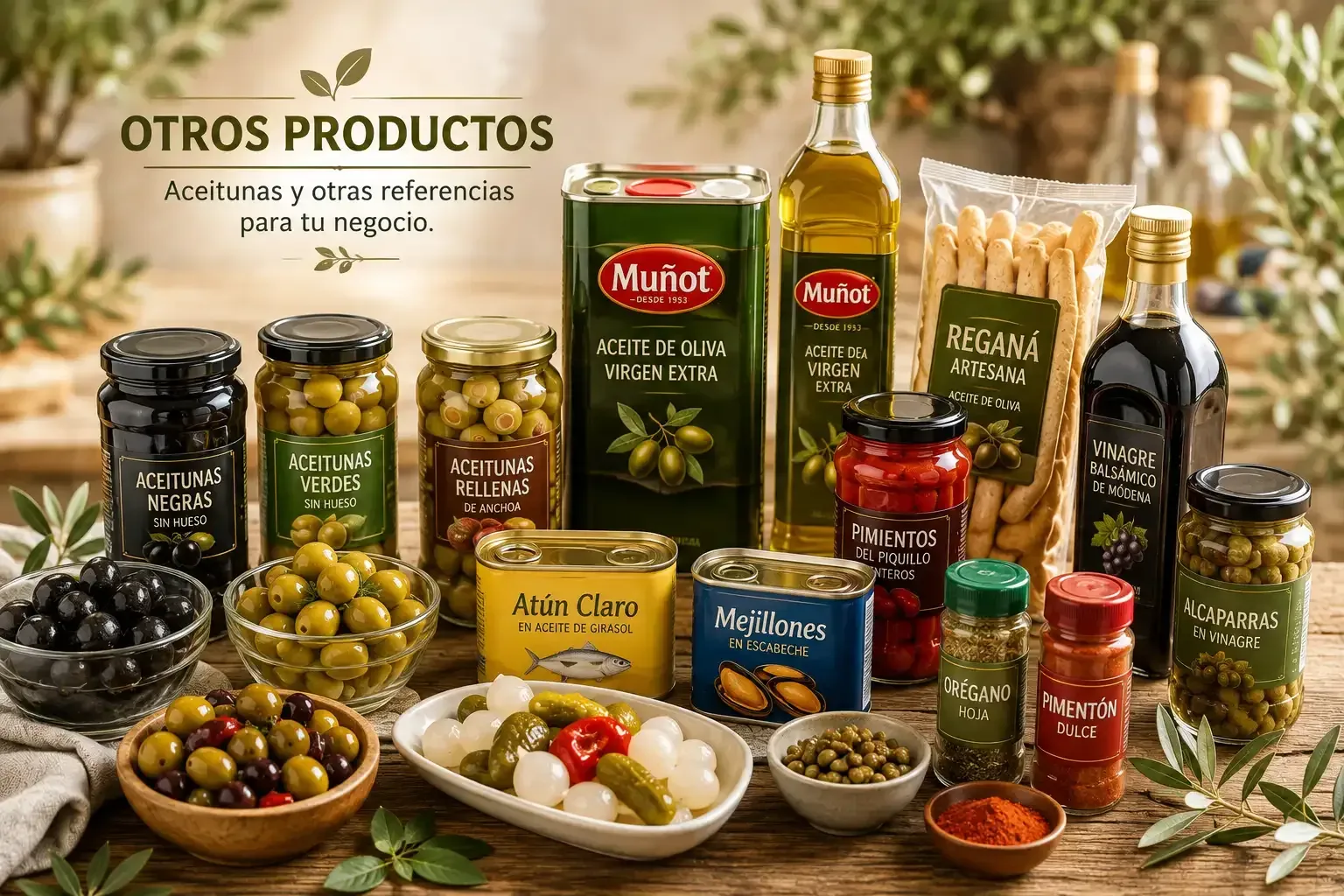 Surtido de aceitunas, aceites y condimentos españoles expuestos con un cartel de “Otros productos”.