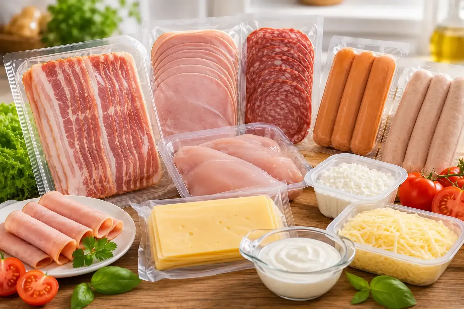 Variedad de embutidos, tocino, queso y salsas dispuestos sobre una mesa de madera.