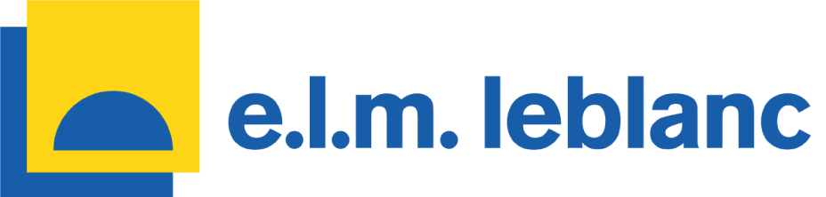 Logo de "elm leblanc" : carrés bleus et jaunes empilés avec un demi-cercle bleu et du texte.