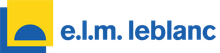 Logo de "elm leblanc" : carrés bleus et jaunes empilés avec un demi-cercle bleu et du texte.