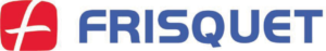 Logo pour Frisquet, carré rouge avec dessin blanc et texte bleu.
