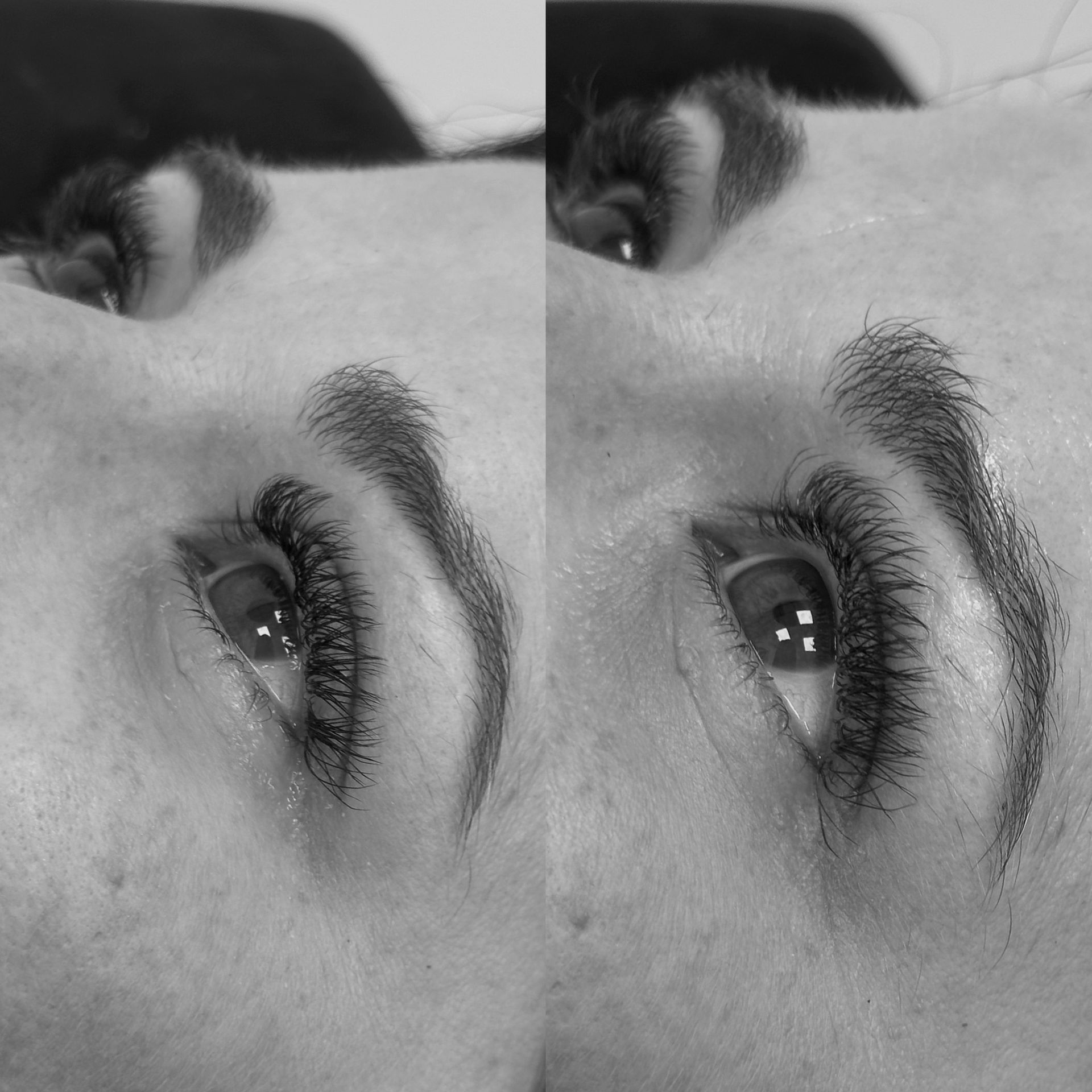 Fotografía en blanco y negro de primer plano de los ojos de una persona con pestañas largas y cejas esculpidas.