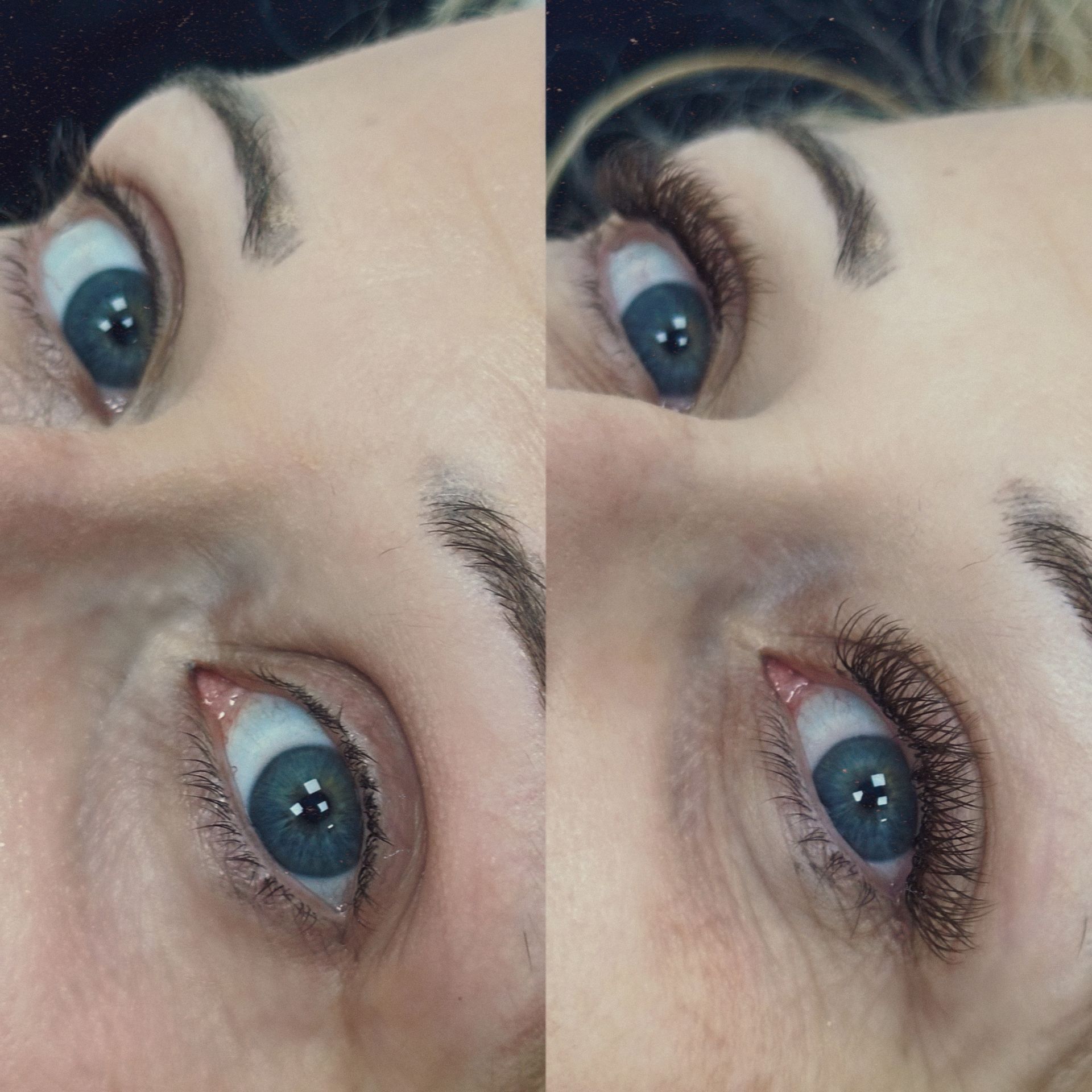 Fotografías de antes y después del ojo de una persona con pestañas naturales a la izquierda y extensiones de pestañas a la derecha.