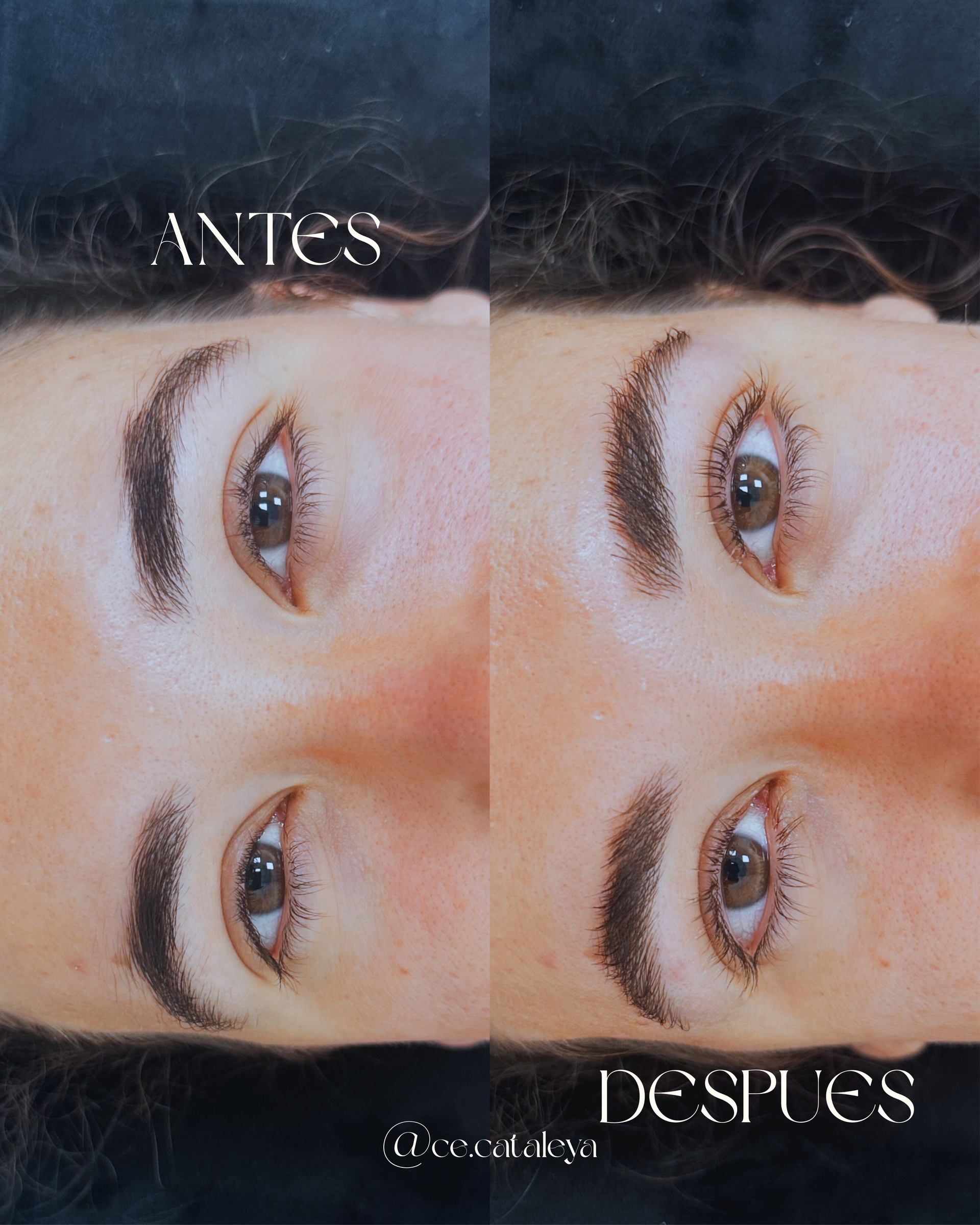 Comparación de antes y después del microblading de cejas; cejas oscuras enmarcan ojos marrones.