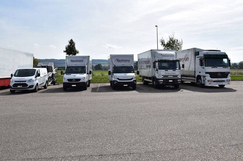 An einem sonnigen Tag parkten Fahrzeuge auf einem Parkplatz, darunter ein Lieferwagen und mehrere Lastwagen.