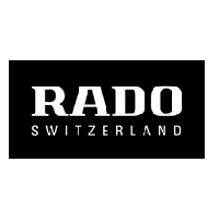 RADO-Logo: weisser Text auf schwarzem Hintergrund, „RADO SWITZERLAND“ in rechteckiger Form.