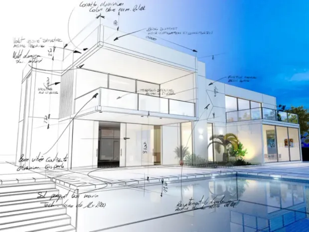 Boceto arquitectónico de una casa blanca moderna con piscina y notas de diseño manuscritas.