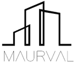 Logotipo geométrico de un edificio negro sobre la palabra “MAURVAL” en letras grises finas.