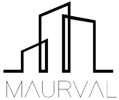 Logotipo geométrico de un edificio negro sobre la palabra “MAURVAL” en letras grises finas.