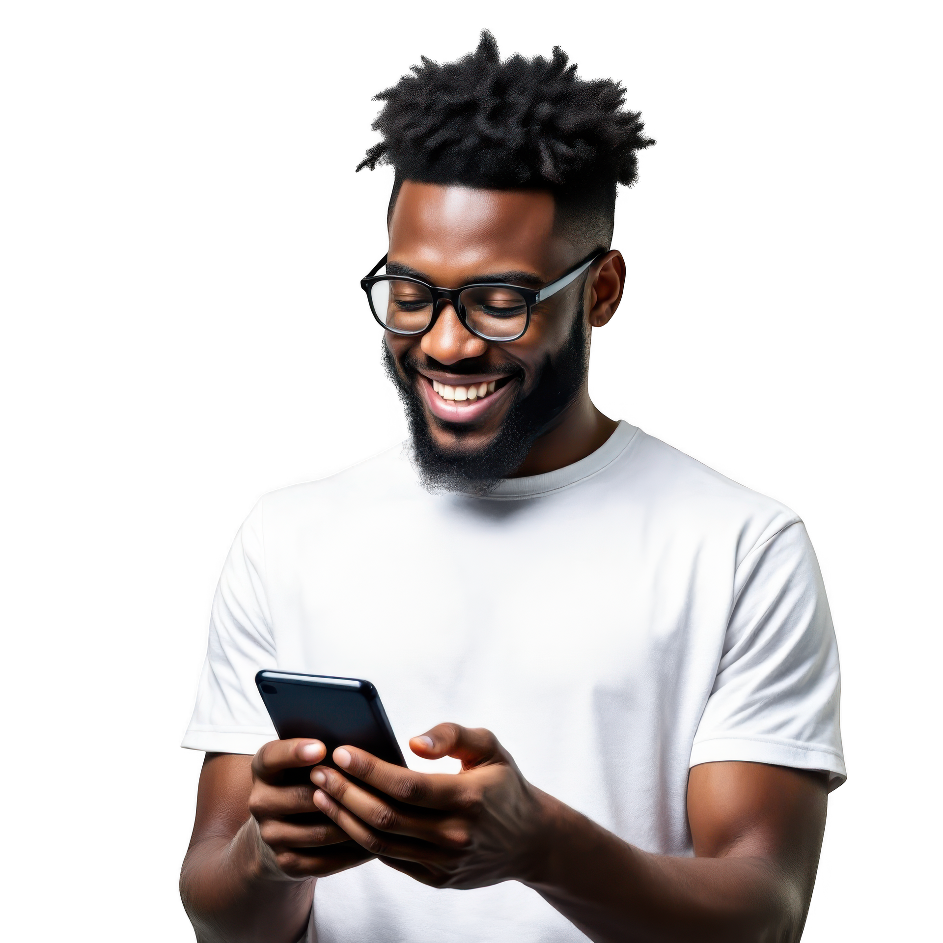 Une personne souriante, barbue et portant des lunettes, tient un smartphone et le regarde en baissant les yeux, tout en étant vêtue d'un simple t-shirt blanc.