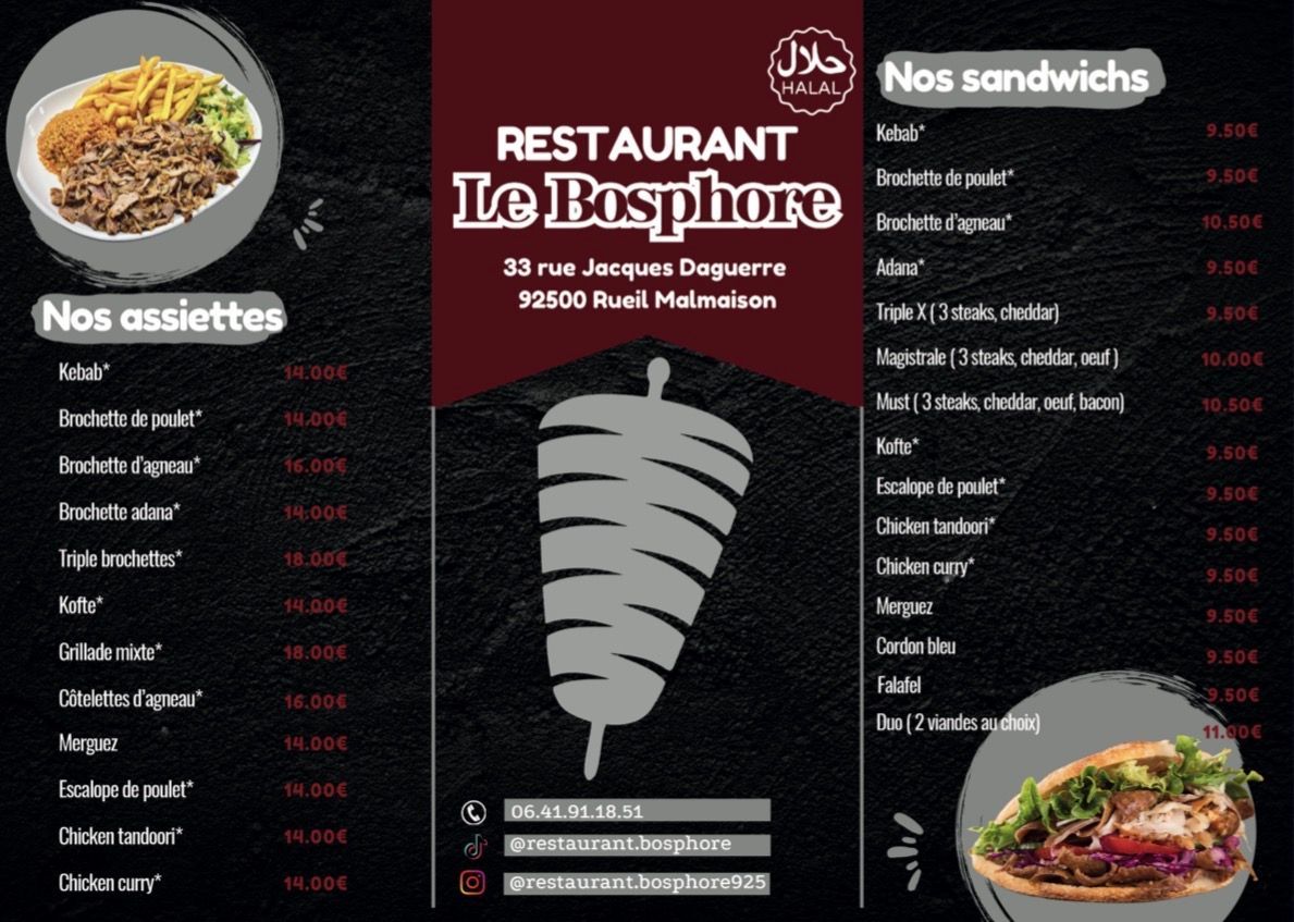 Carte du restaurant Le Bosphore à Rueil-Malmaison, présentant une liste de plats et de sandwichs sur fond sombre.