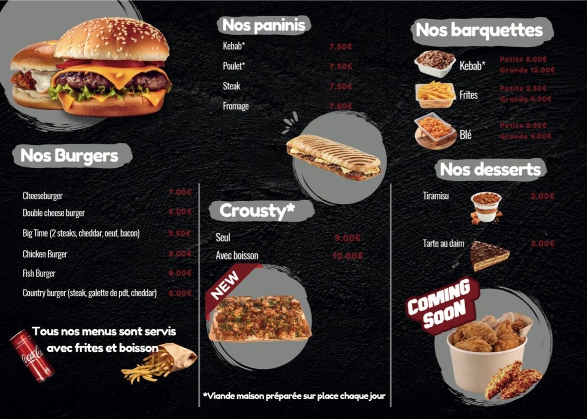 Un menu de restaurant avec des catégories pour les hamburgers, les paninis, les accompagnements et les desserts, sur un fond sombre et texturé.