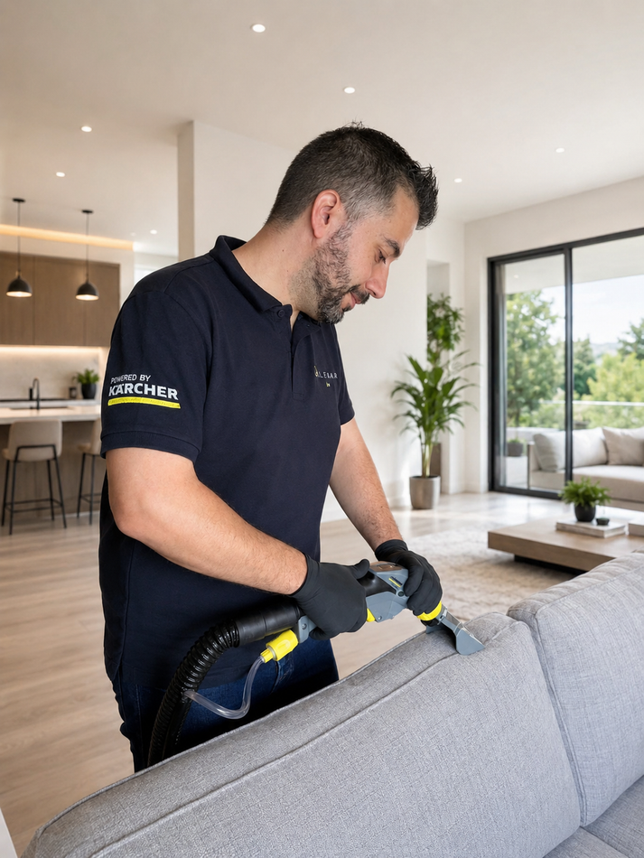 Técnico da Qclean a higienizar sofá com equipamento Kärcher