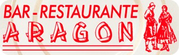 Logotipo rojo para el Bar-Restaurante Arag&oacute;n que muestra el nombre en texto estilizado junto a un gr&aacute;fico de dos personas con vestimenta folcl&oacute;rica.