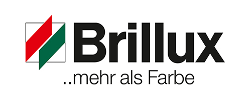 Ein Logo für brillux mehr als farbe mit einem rot-grün-weißen Häkchen.