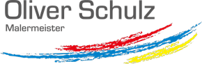 Ein Logo für Oliver Schulz Malermeister mit einem roten, blauen und gelben Pinselstrich