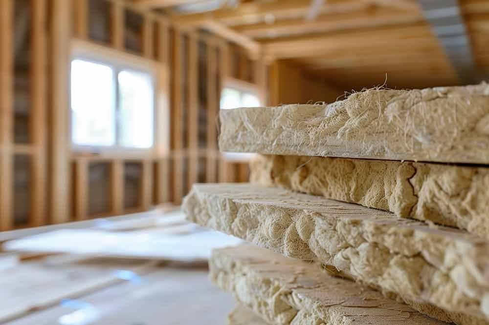 Ein Stapel übereinander liegender Holzbretter in einem Raum im Bau.