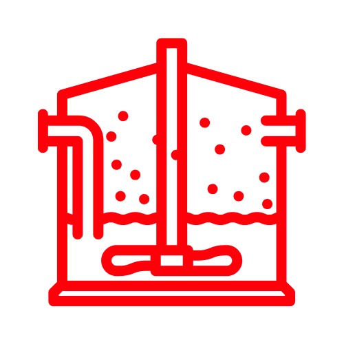 Ilustración roja de un tanque de mezcla industrial con un agitador giratorio, tuberías de entrada y salida y burbujas.