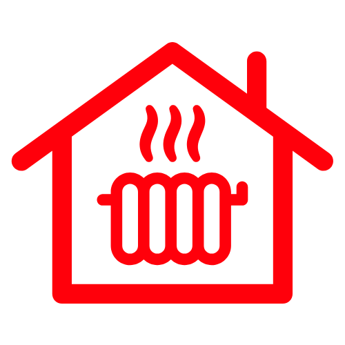 Contorno rojo de una casa con un radiador en su interior y olas de calor ascendentes, lo que indica calefacción.