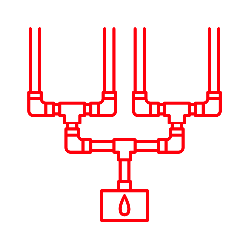 Tuberías de plomería rojas que se ramifican desde un punto central