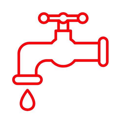 Contorno rojo de un grifo con una gota de agua.