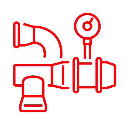 Sistema de tuberías rojas con manómetro y válvula.