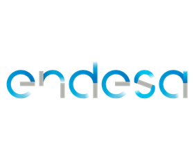 El logotipo de Endesa es azul y blanco sobre un fondo blanco.