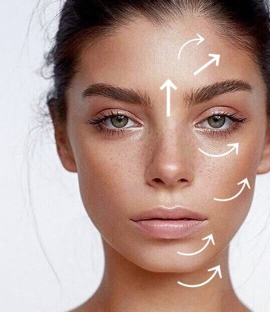 Rostro de mujer con flechas blancas que indican direcciones de masaje facial para una apariencia levantada.