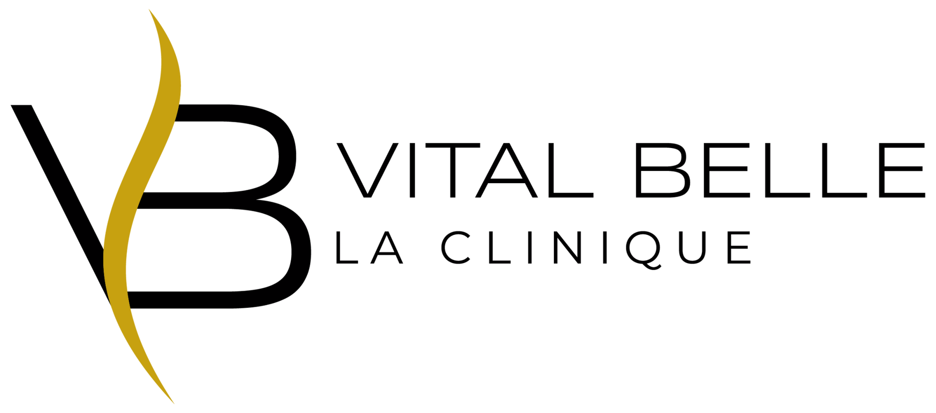 Logotipo de Vital Belle La Clinique. Presenta una "VB" estilizada con detalles dorados y texto en negro.