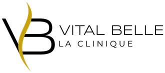 Logotipo de Vital Belle La Clinique. Presenta una "VB" estilizada con detalles dorados y texto en negro.