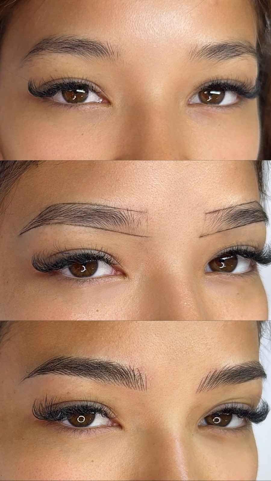 Tres primeros planos de cejas que muestran diferentes formas y estilos de maquillaje.