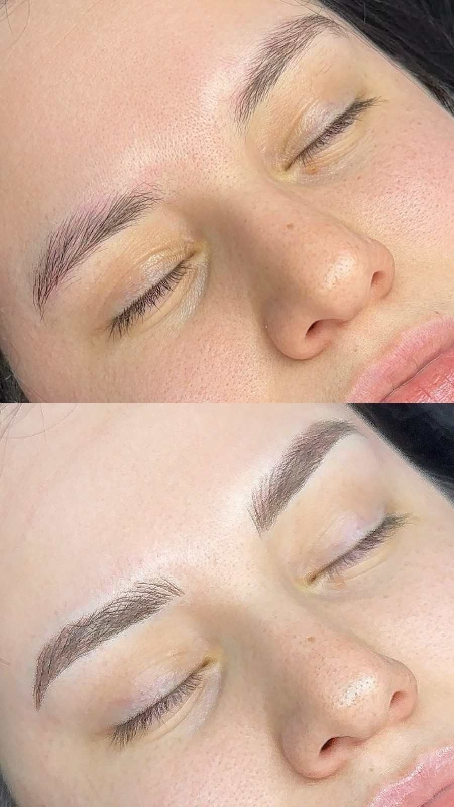 Primer plano de un rostro que muestra los ojos cerrados y maquillaje natural en dos vistas superpuestas.