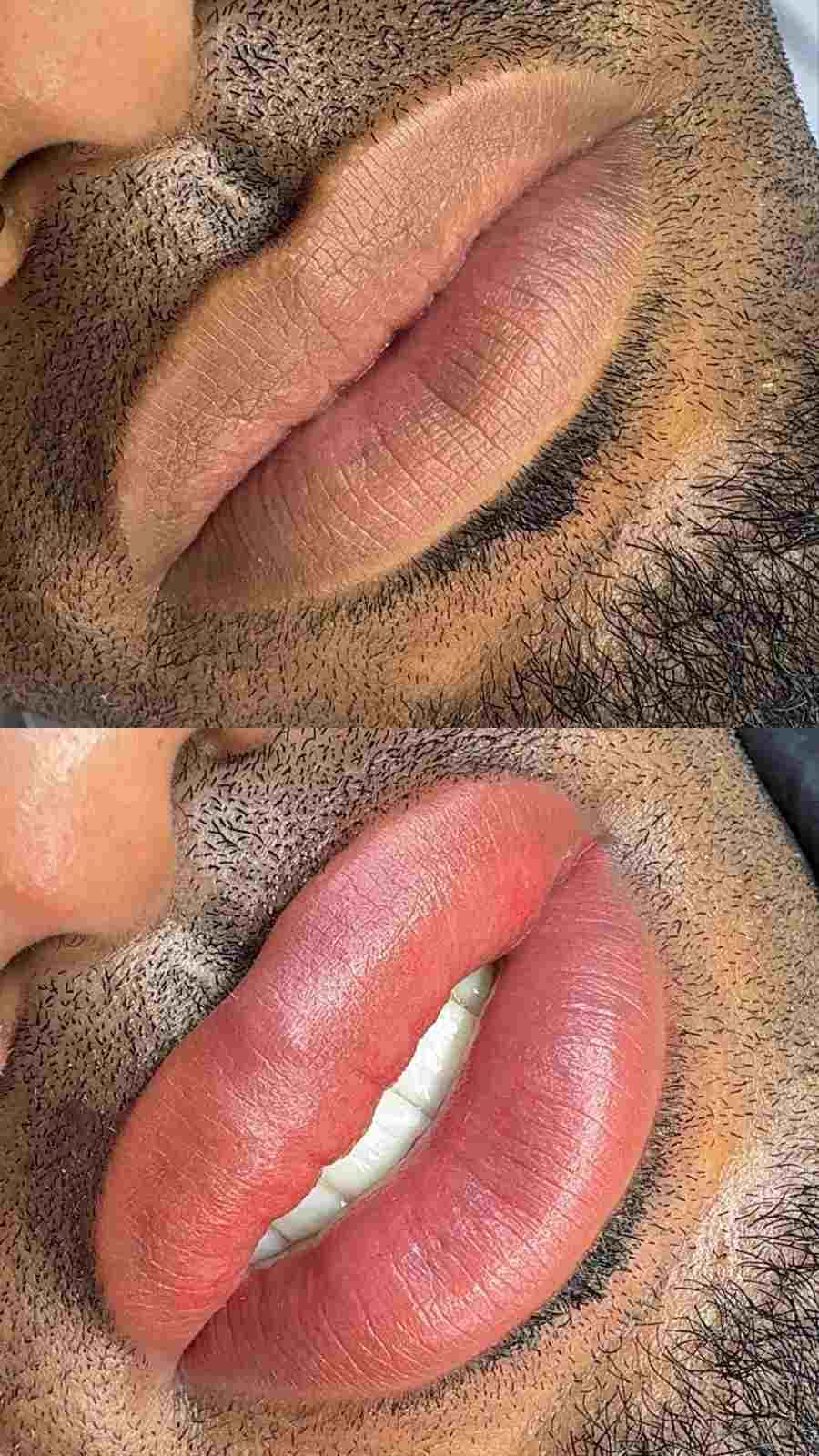 Dos primeros planos de labios: uno natural y otro rosa brillante donde se ven los dientes.