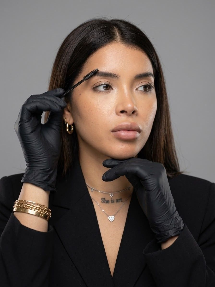 Mujer con guantes negros depilándose las cejas, vestida con una blusa negra y joyas de oro sobre un fondo gris.