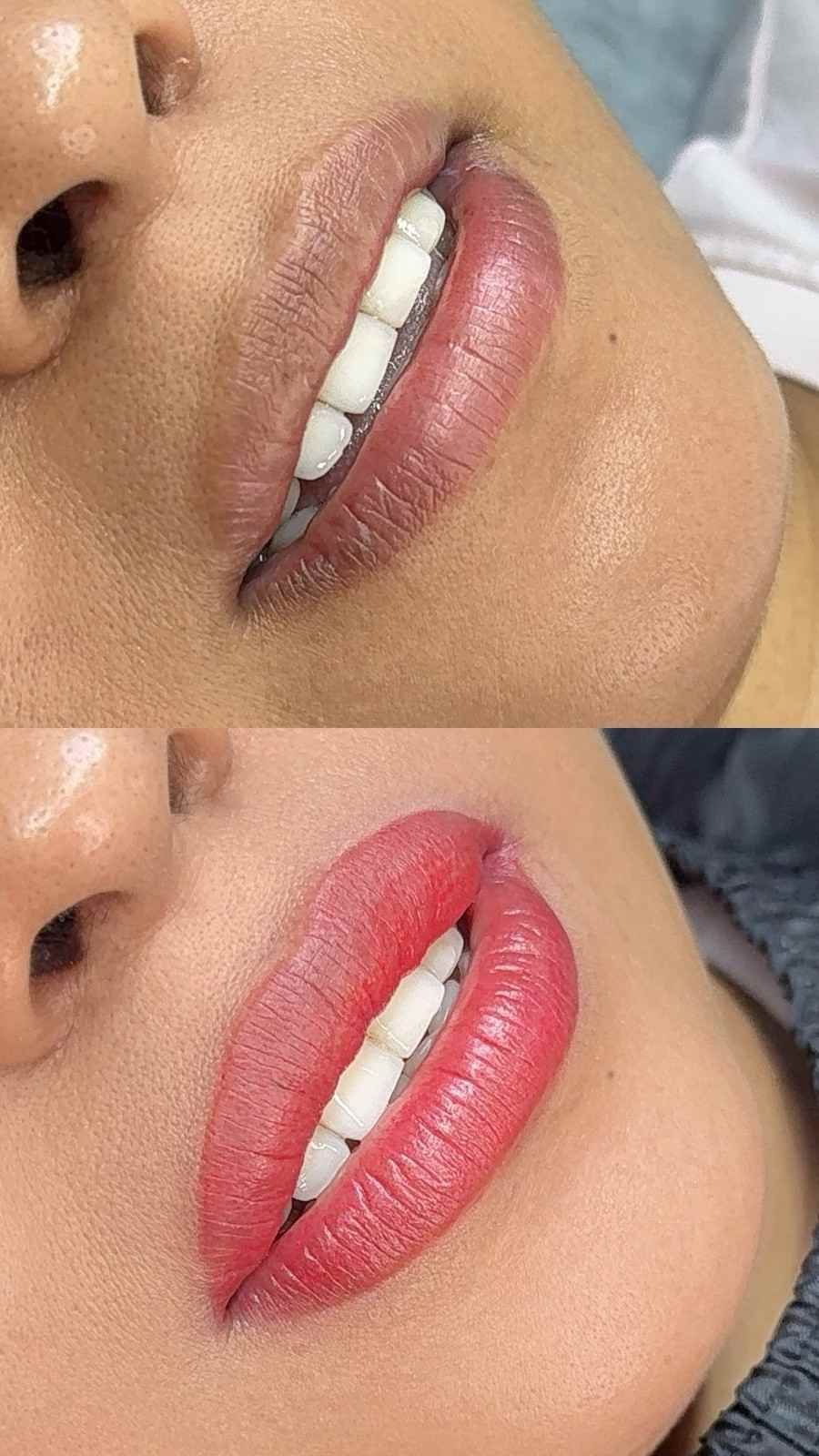 Primer plano comparativo de los labios: arriba, un tono rosa-marrón mate; abajo, un rojo brillante con acabado satinado.