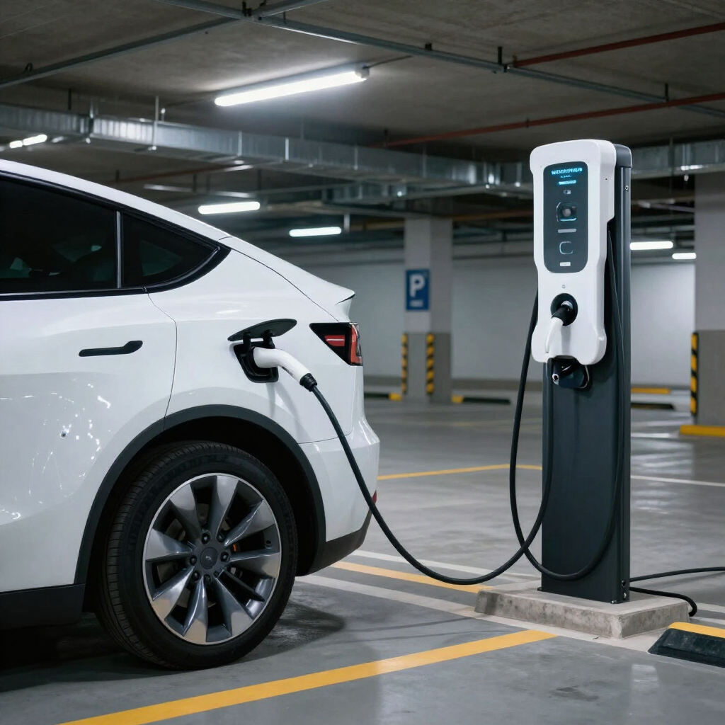 SUV eléctrico blanco cargándose en un aparcamiento cubierto en una estación pública de carga para vehículos eléctricos
