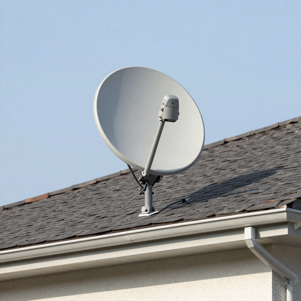 Antena parabólica blanca instalada en el tejado de una casa, con un cielo azul despejado de fondo