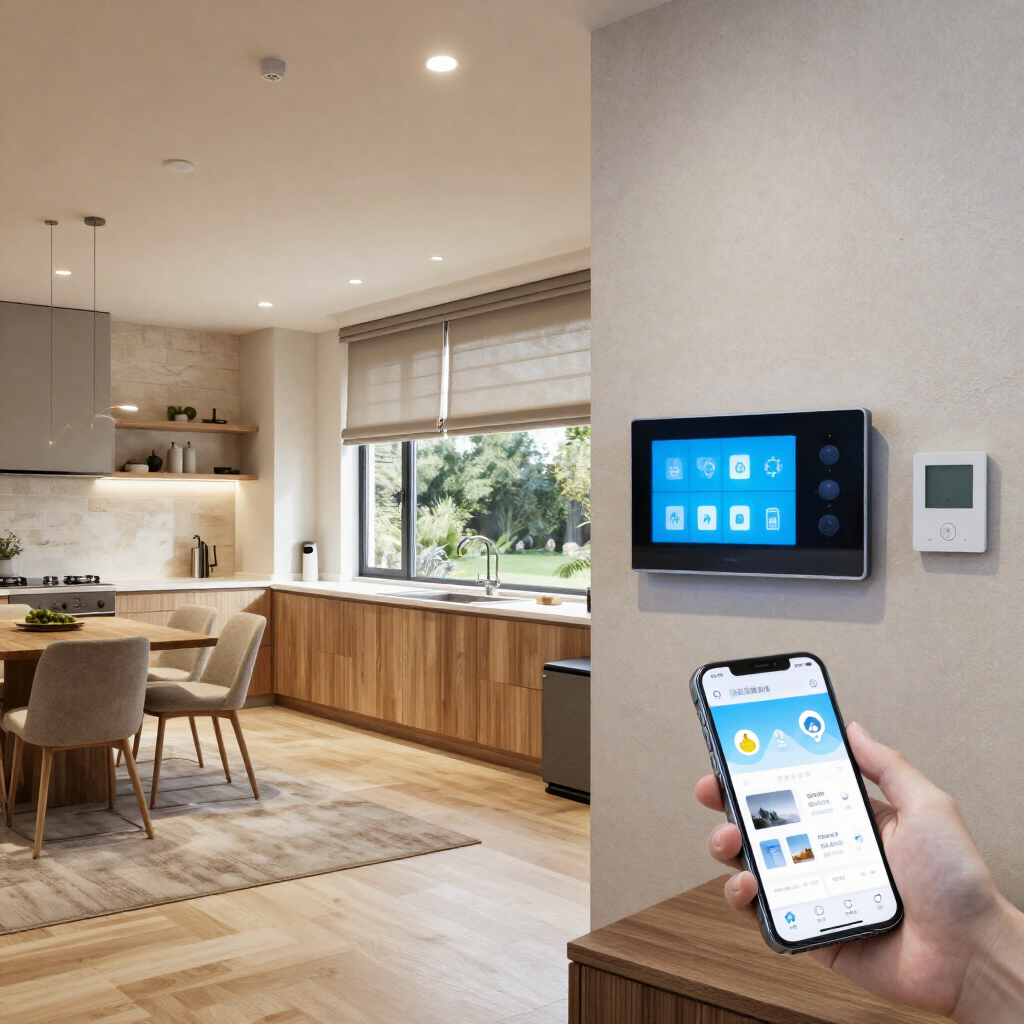 Panel de control domótico en la pared de una cocina, con una aplicación móvil en la mano y un termostato cerca