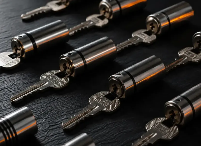 Cilindros de metal para llaves con llaves dispuestas en diagonal sobre una superficie oscura texturizada.