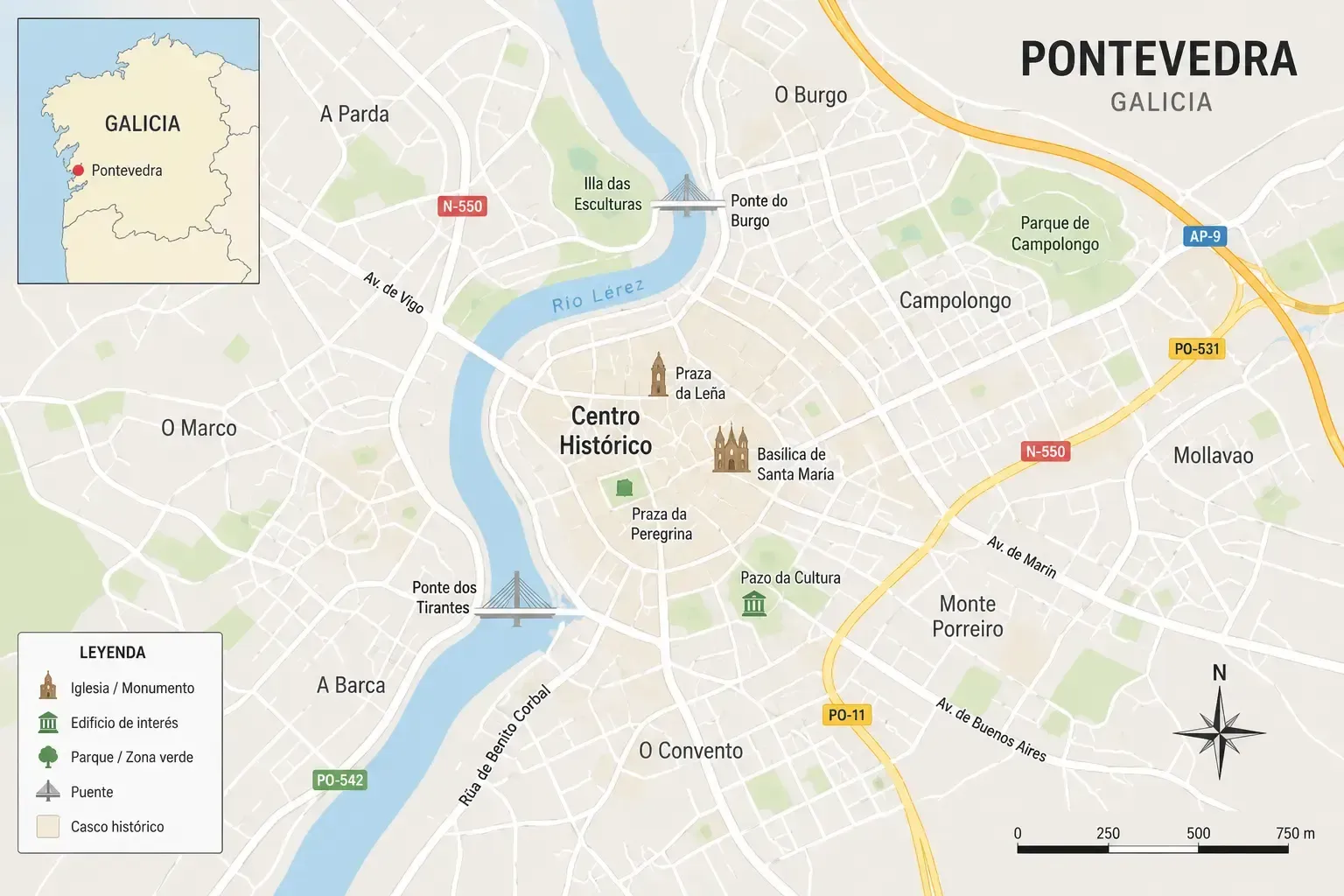 Mapa de Pontevedra, Galicia, que muestra carreteras, barrios, ríos y lugares de interés de la ciudad.