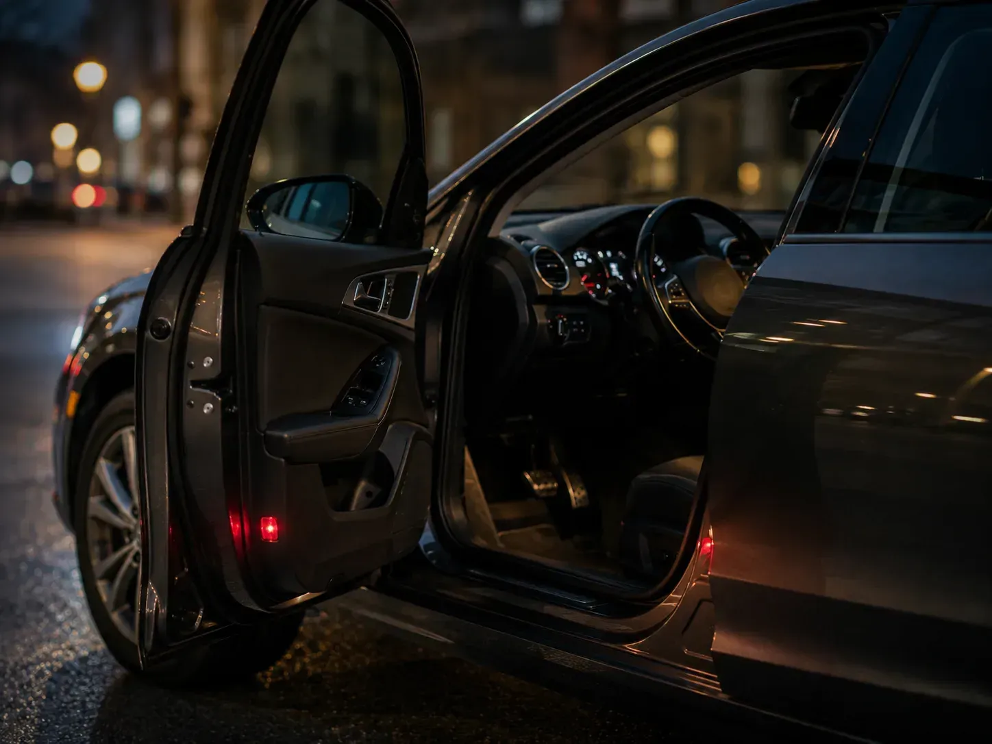 Puerta de coche abierta que deja ver el interior oscuro de un deportivo por la noche, con las luces de la ciudad al fondo.