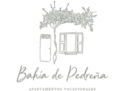 Ilustraci&oacute;n de casa de dos pisos con texto "Bah&iacute;a de Pedre&ntilde;a", probablemente para alquiler vacacional.