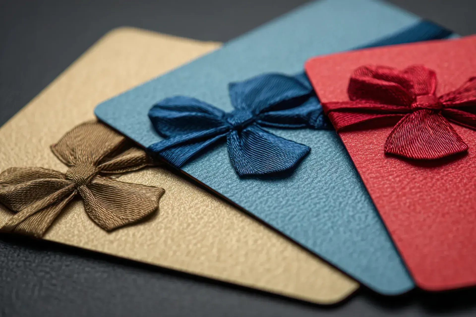 Tres tarjetas de regalo con papel texturizado y lazos decorativos en dorado, azul y rojo.