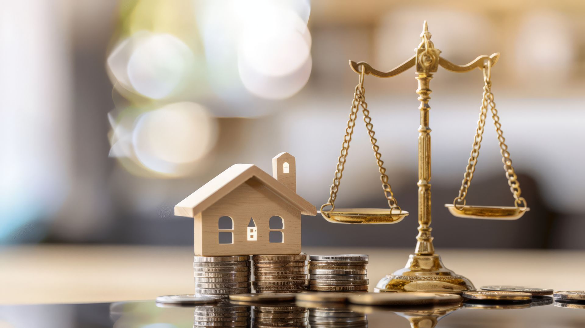 Gros plan sur une maquette de maison, des pièces de monnaie et une balance pour illustrer les transactions immobilières